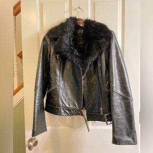 Express Genuine Leather Moto Jacket with Removable Faux Fur Collar